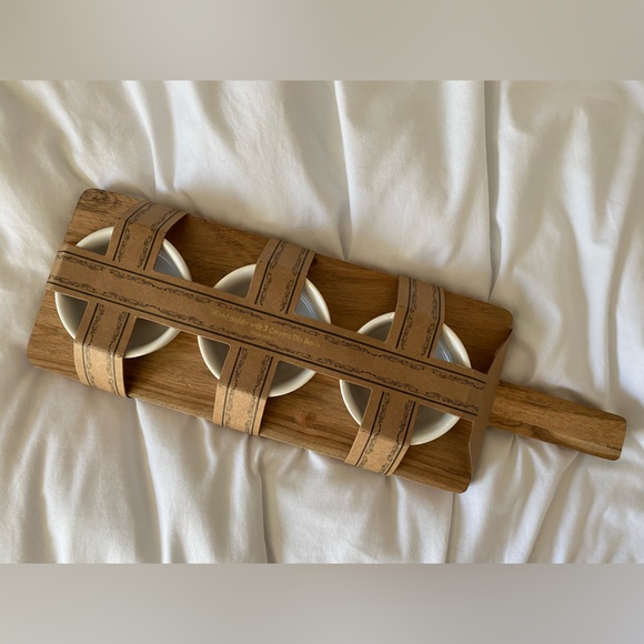 Wooden Paddle With Three Ceramic Dip Bowls - Picture 1 of 6